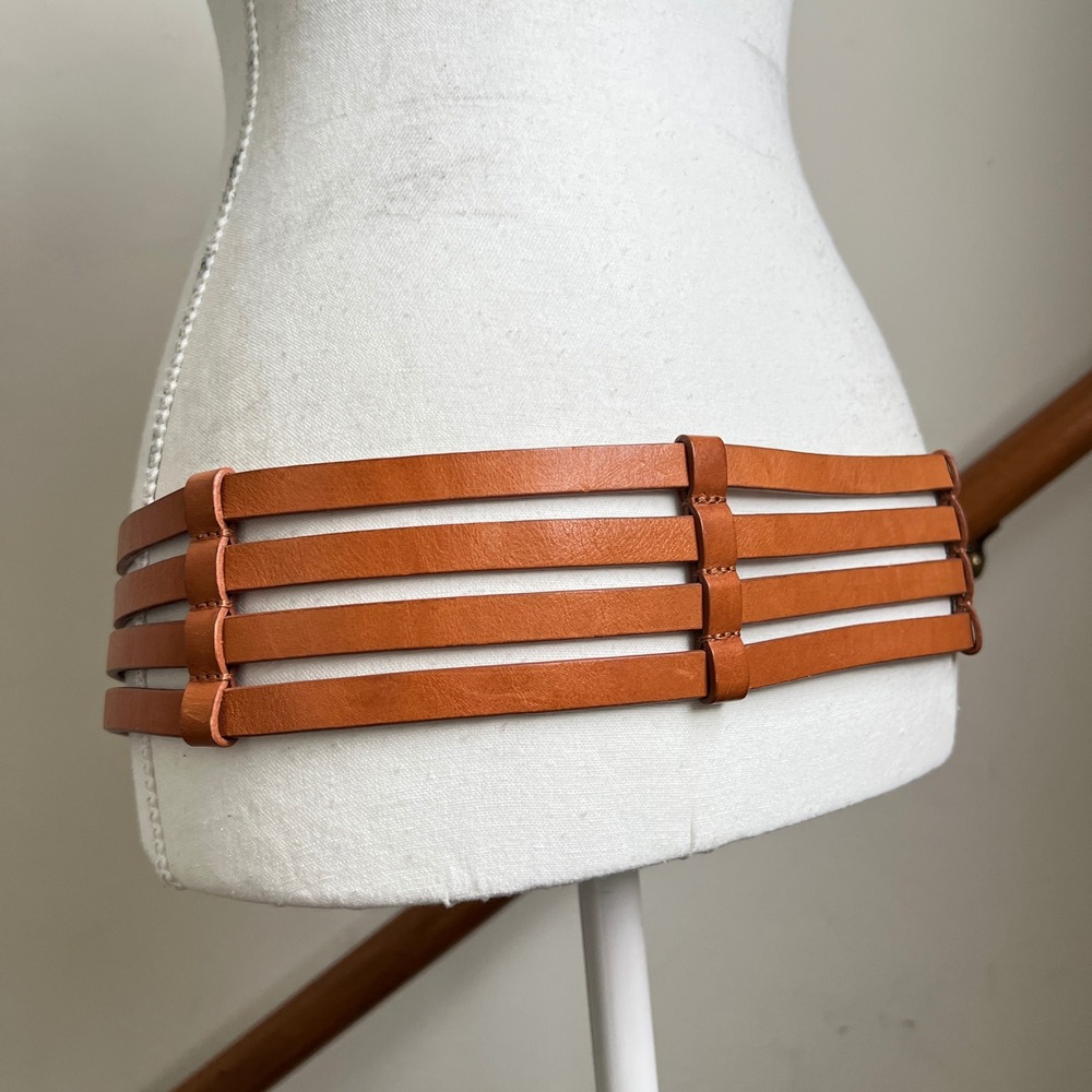 Vintage Banana Republic Cage Belt Large Brown Leather O-Ring Boho Y2K Wide Thick - Picture 2 of 9
